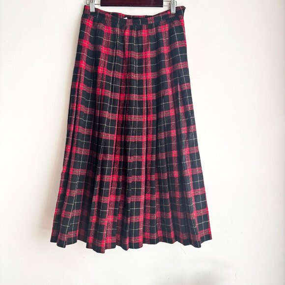 Braemar by Diana Charles Black Red Plaid Wool Pleated Midi Skirt M - Picture 1 of 6